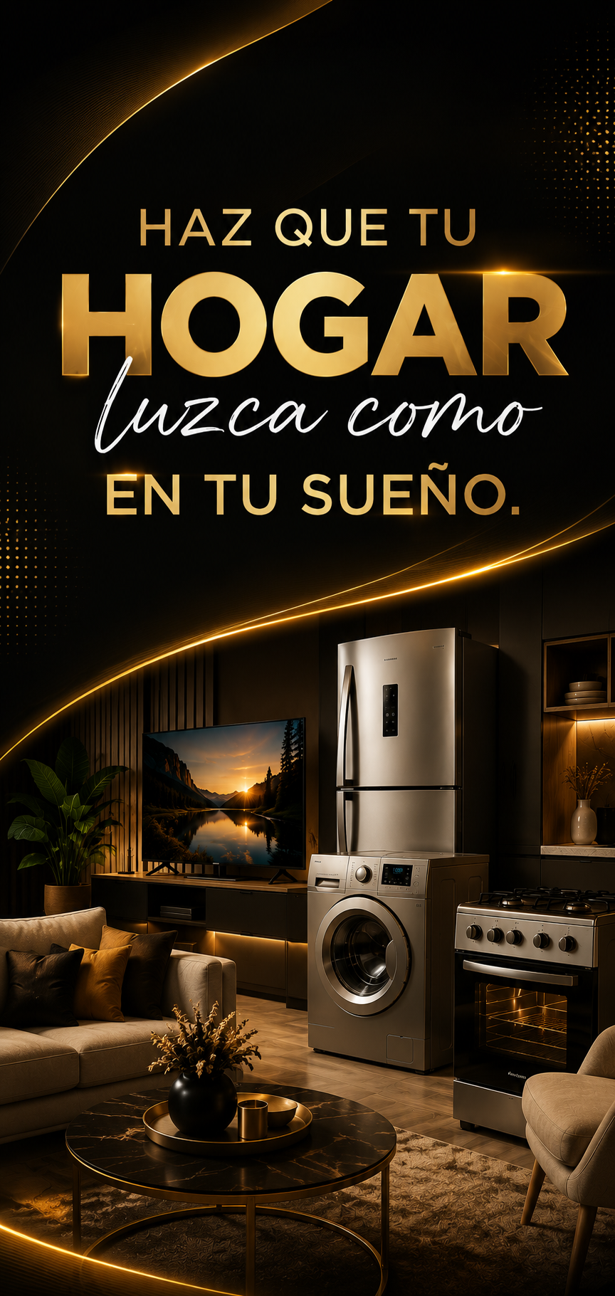 Campaña de EMUVIK con la frase «Haz que tu hogar luzca como en tu sueño» sobre un living con electrodomésticos.