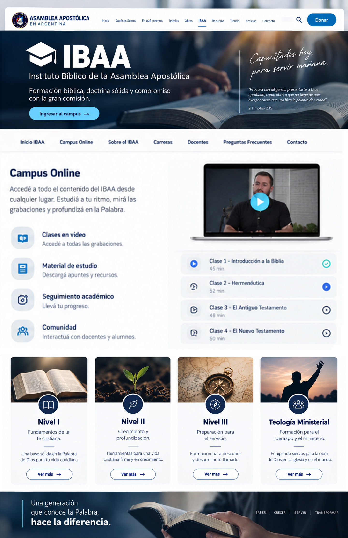 Diseño del campus online del Instituto Bíblico de la Asamblea Apostólica, con clases, material de estudio, seguimiento académico y niveles de formación