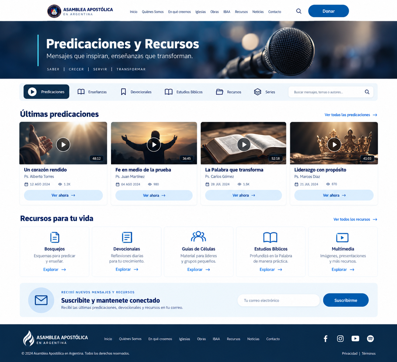 Diseño de la sección de predicaciones y recursos de la Asamblea Apostólica en Argentina, con mensajes, enseñanzas, devocionales y estudios bíblicos