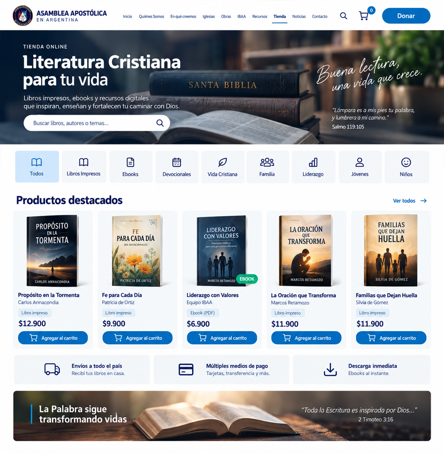 Diseño de tienda online de la Asamblea Apostólica en Argentina para la venta de libros, ebooks, devocionales y literatura cristiana