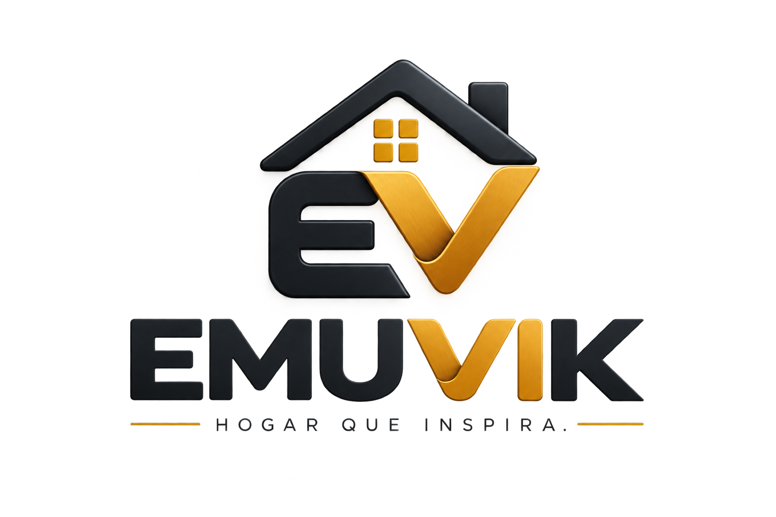Logotipo de EMUVIK: monograma EV dentro de la silueta de una casa, en negro y dorado, con la bajada «Hogar que inspira».