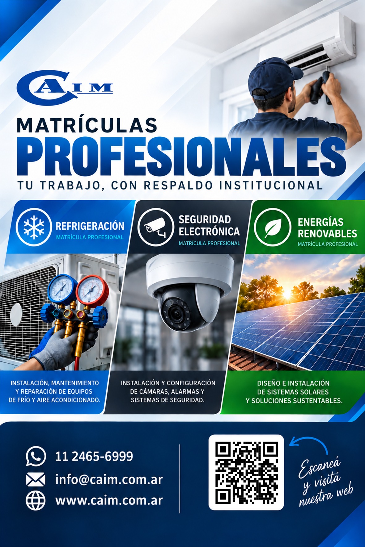 Folleto de matrículas profesionales de CAIM con las especialidades de refrigeración, seguridad electrónica y energías renovables.